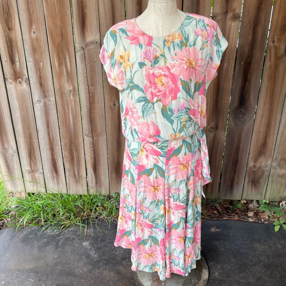 Vintage 80s CAROLE LITTLE St Tropez West Floral German Rayon Dropwaist DRESS 4